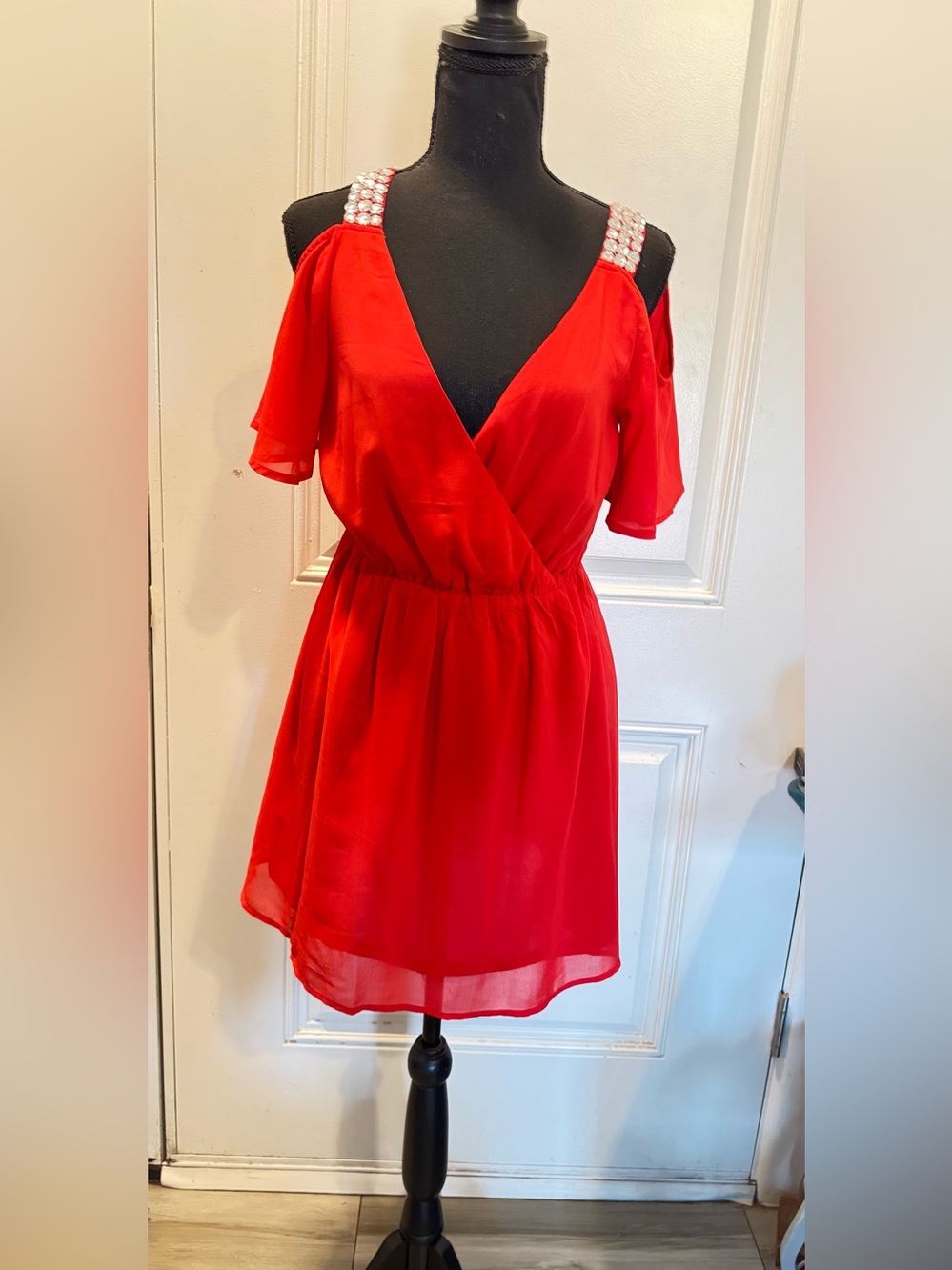 Crystal-Shoulder Red Cold-Shoulder Mini Dress